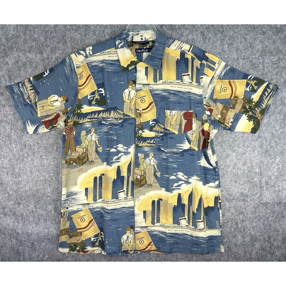 VTG Nautica Hawaiian Shirt Men’s Large Travel Print Linen Blend Oversized